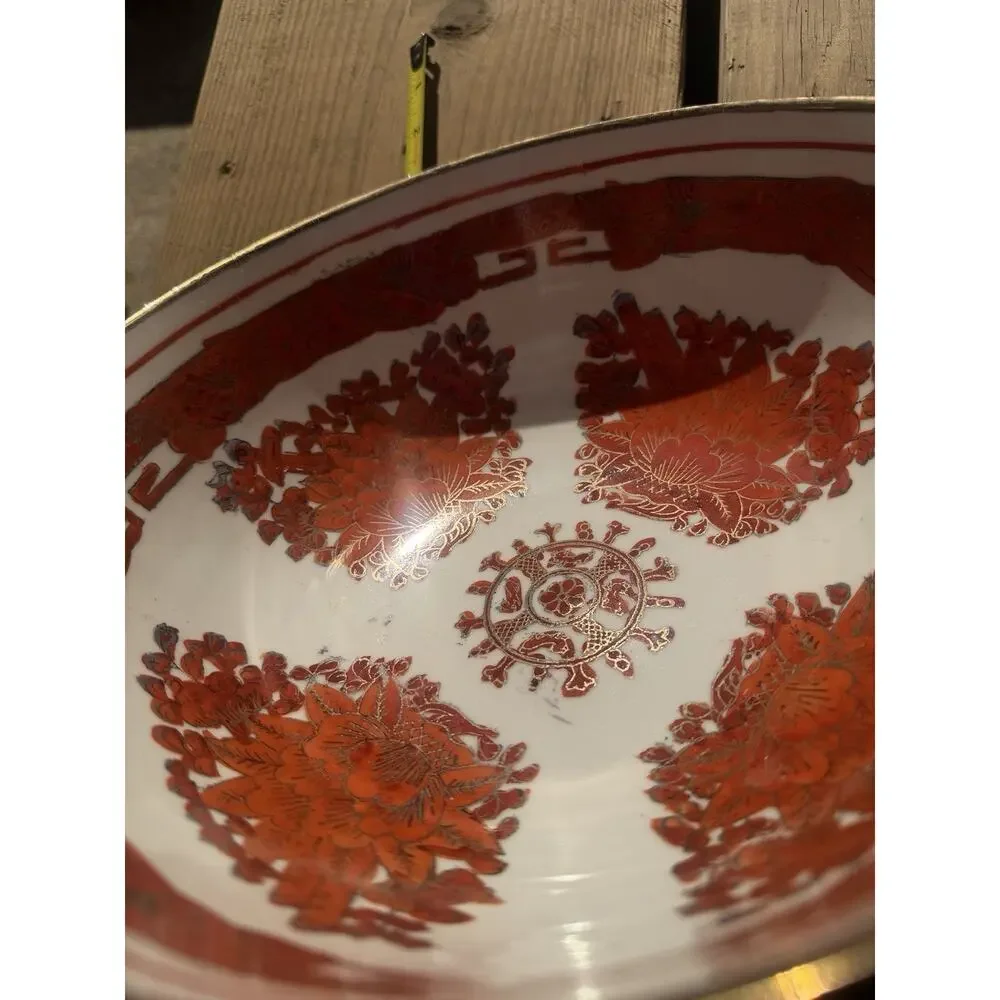 Japanese China MCM Bowl - Porcelain Hand Painted Red/Orange Gold Floral 10”
